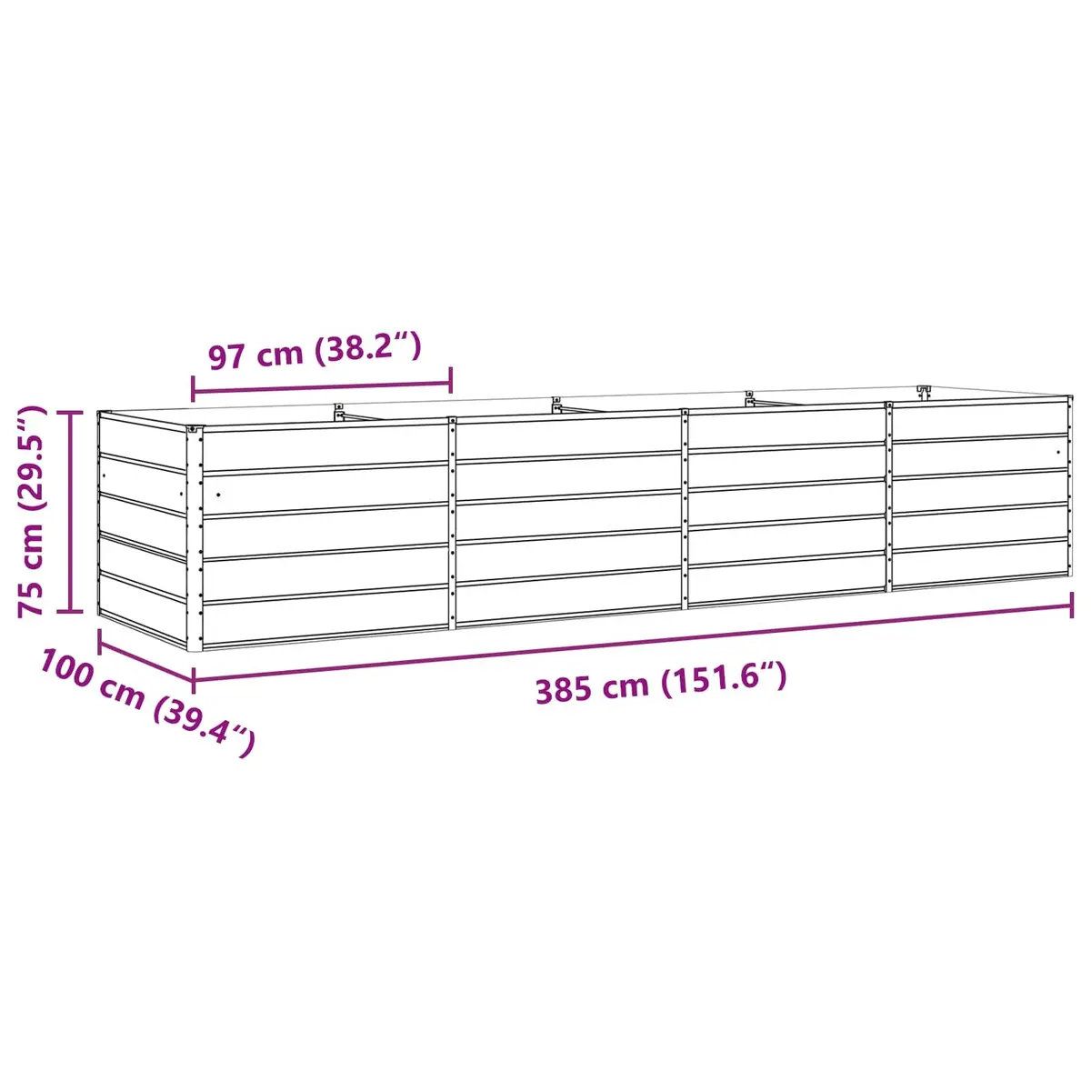 Outdoor Raised Flower Bed Galvanised Steel 385cm x 100cm x 75cm Anthracite Garden Planter