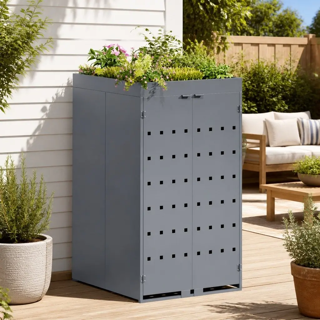 Wheelie Bin Storage Enclosure Powder-coated Steel 240L Light Grey with Planter Roof