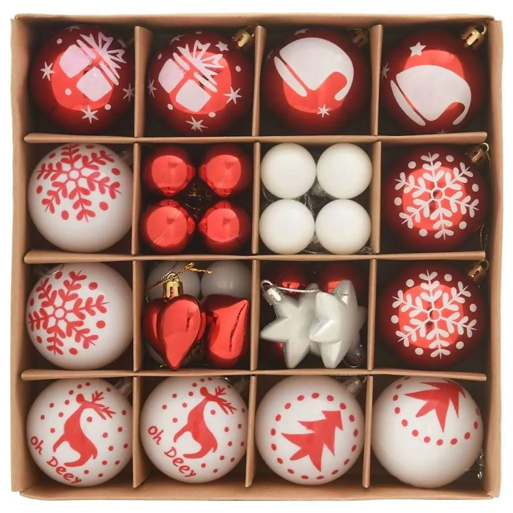 Christmas Bauble Set 40 Pieces Red White Plastic Holiday Tree Ornaments
