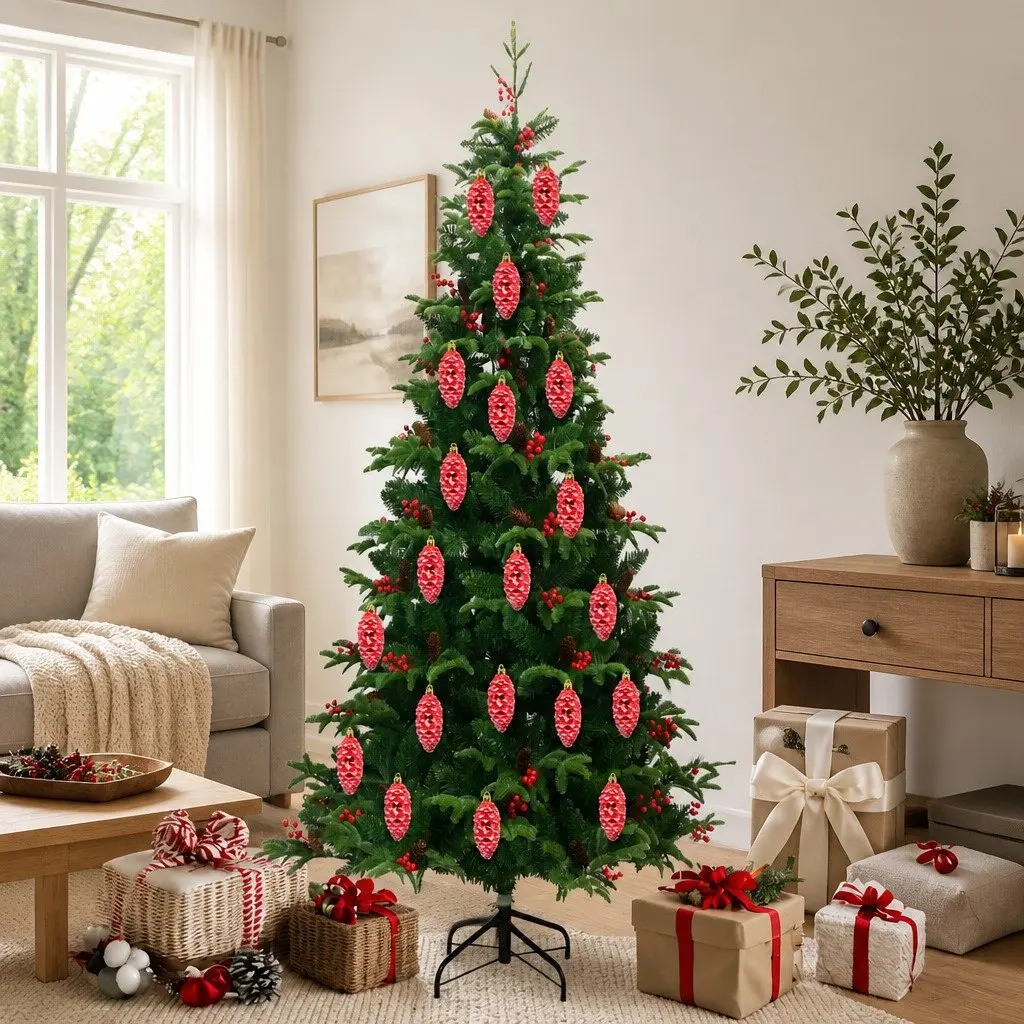 Christmas Pine Cone Ball Ornaments Plastic 40 Pieces Red