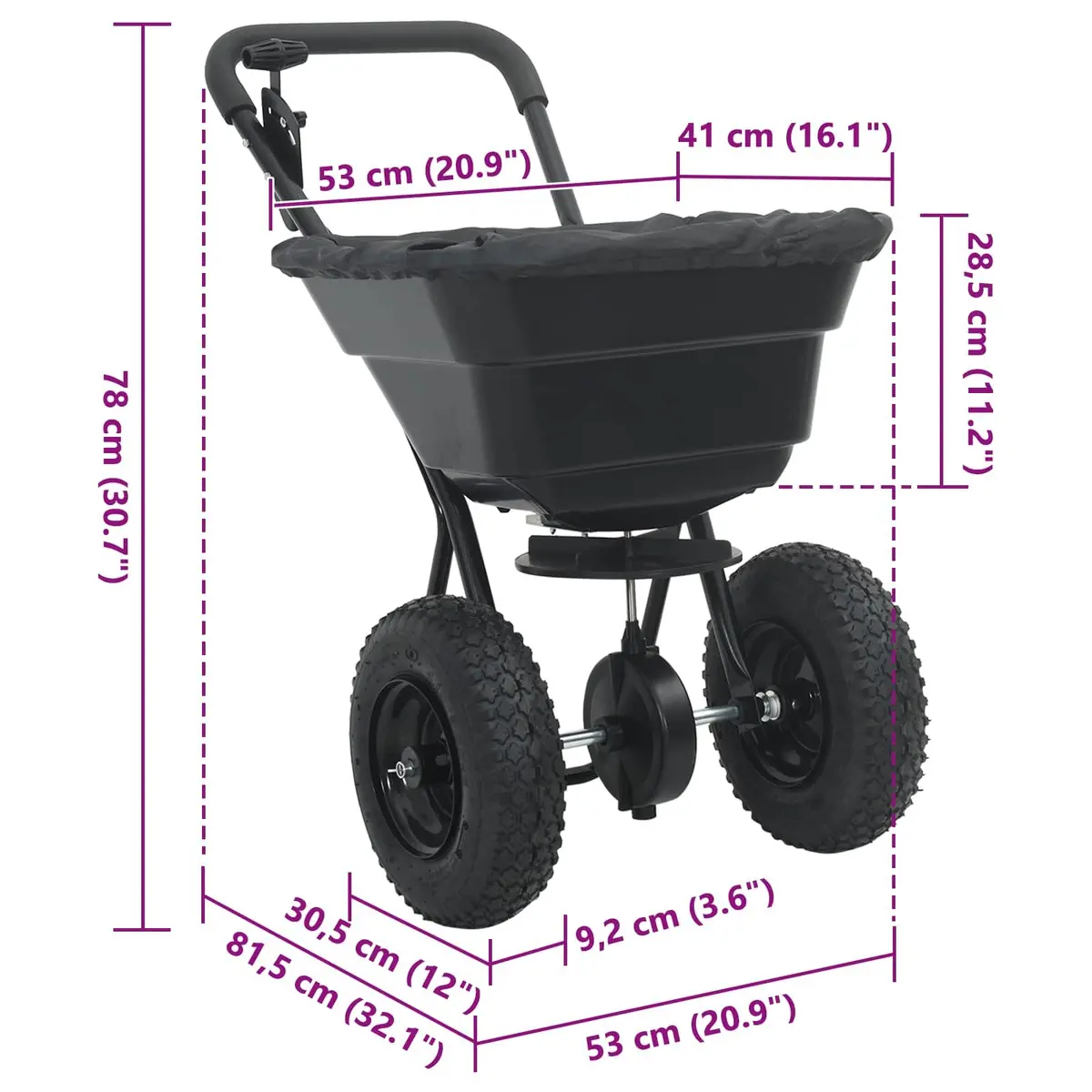 Spreader Lawn Seed Fertiliser Spreading Tool PVC Steel 53 x 81.5 x 78 cm Black