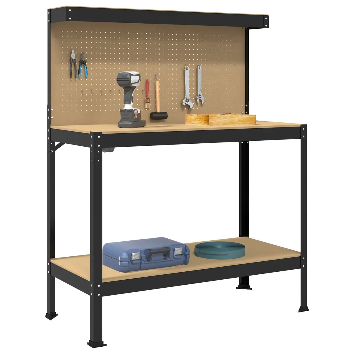 Workbench Engineered Wood Metal Frame Black 114cm x 54cm x 145cm with Integrated Drawer Shelving and Pegboard for Garage Workshop