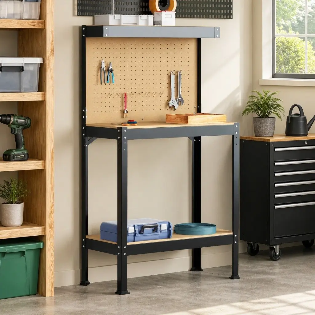 Workbench Black 81 x 41 x 145 cm Engineered Wood Metal Frame Pegboard Drawer