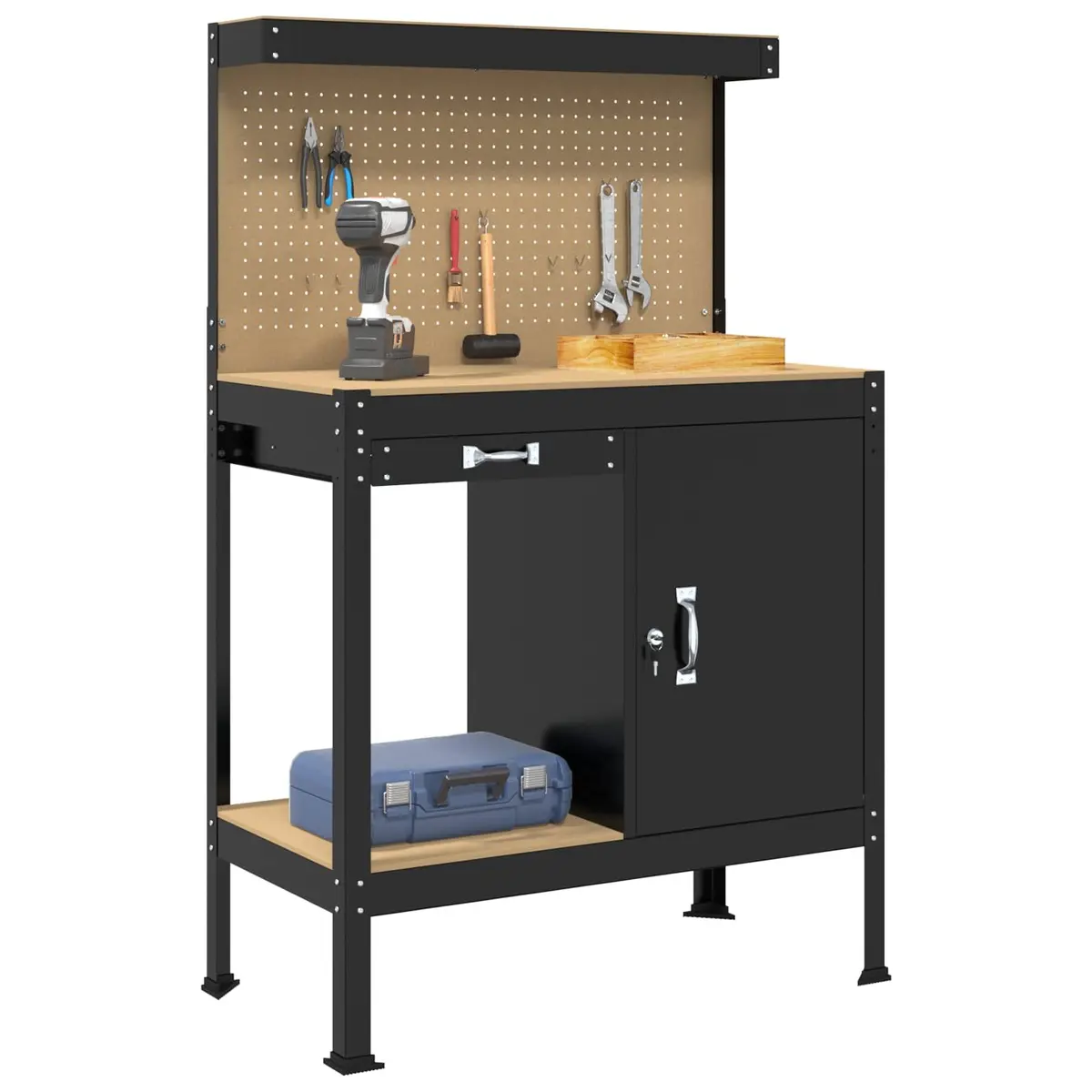 Workbench Engineered Wood Metal Storage Black 90cm x 49cm x 141cm with Pegboard Back Panel Shelving and Drawer for Garage Workshop