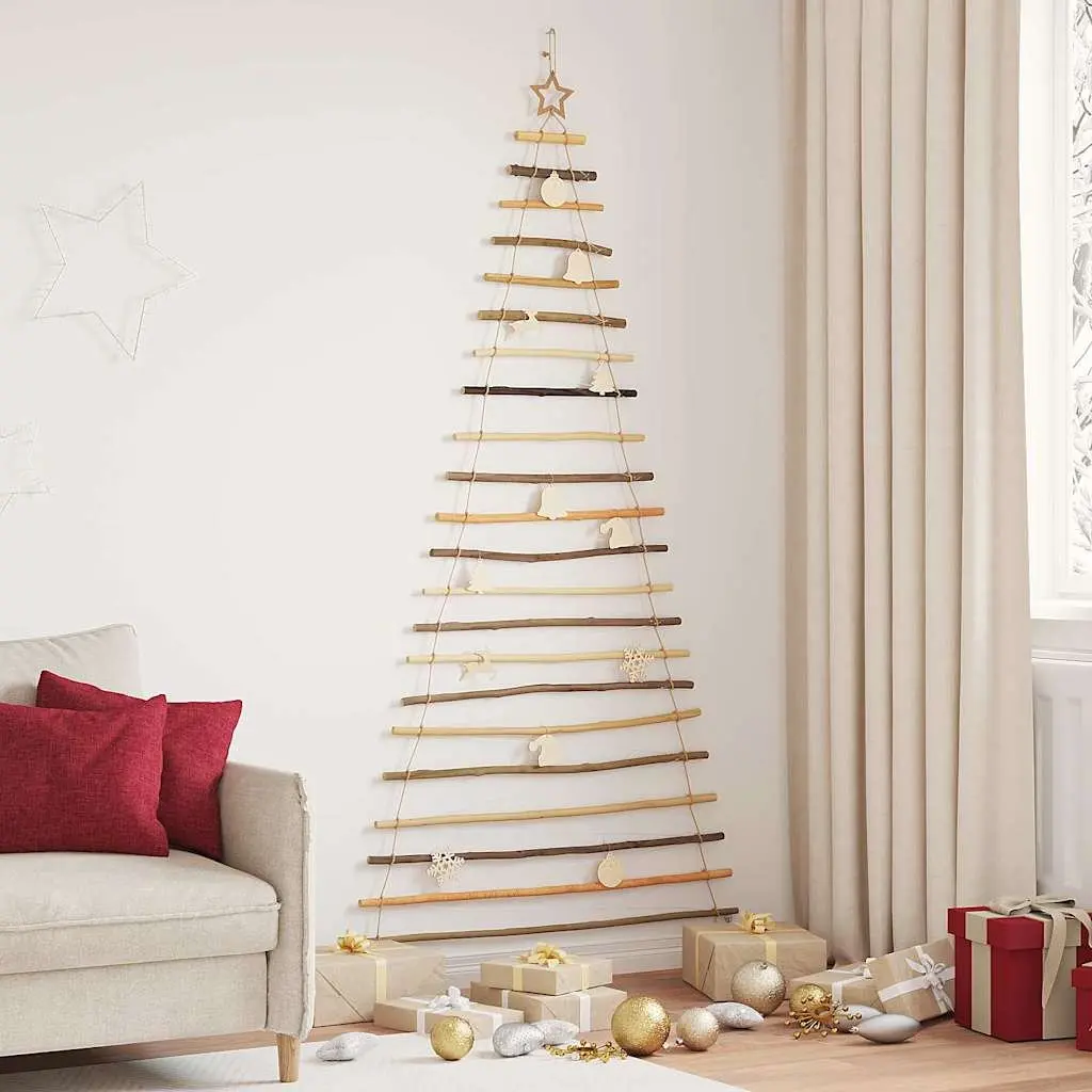 Hanging Christmas Tree Solid Ash Wood 210cm Brown with 130 Warm White LED Lights
