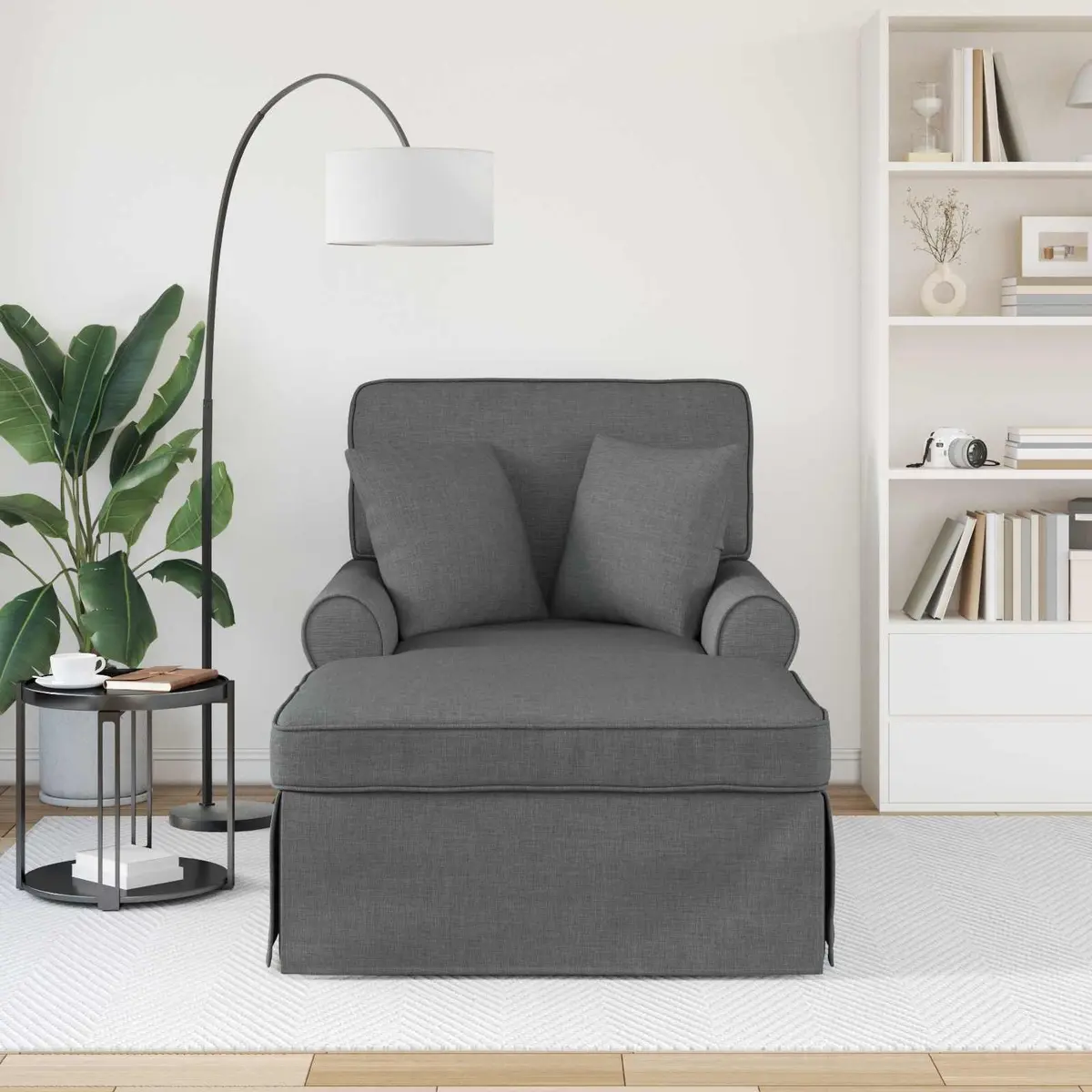 Chaise Lounge Fabric Dark Grey Modern Living Room Bedroom with Skirt Detail 3 Piece Set