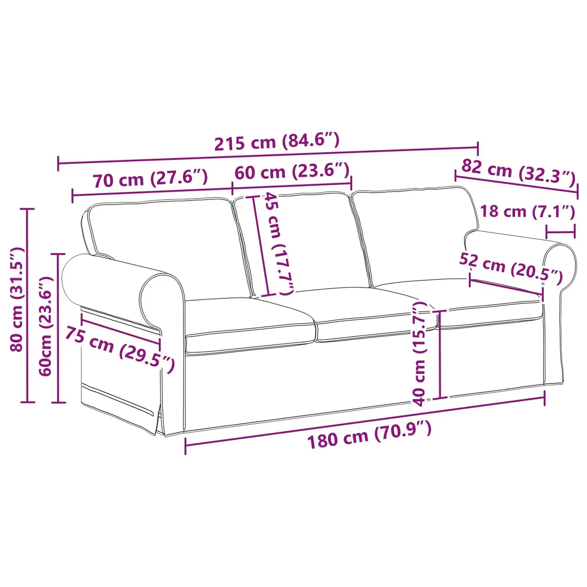 Modular Sofa Metal Frame Dark Grey 215x82x80cm