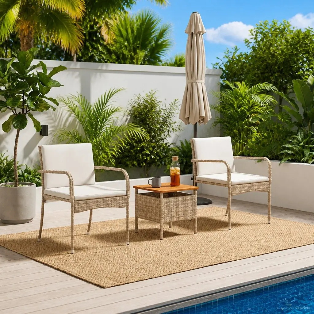 Outdoor Garden Furniture Set Steel Frame Poly Rattan Cushioned Seating with Acacia Wood Table