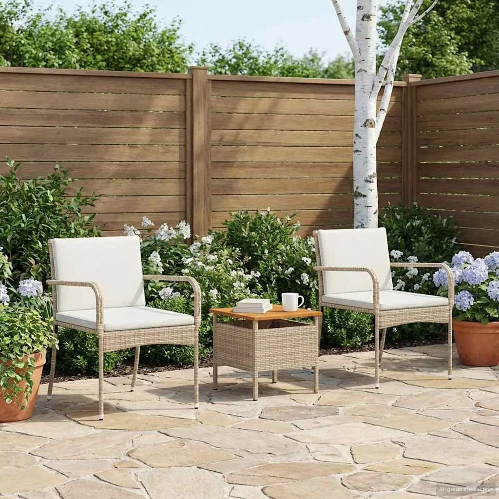 Outdoor Garden Furniture Set Steel Frame Poly Rattan Cushioned Seating with Acacia Wood Table