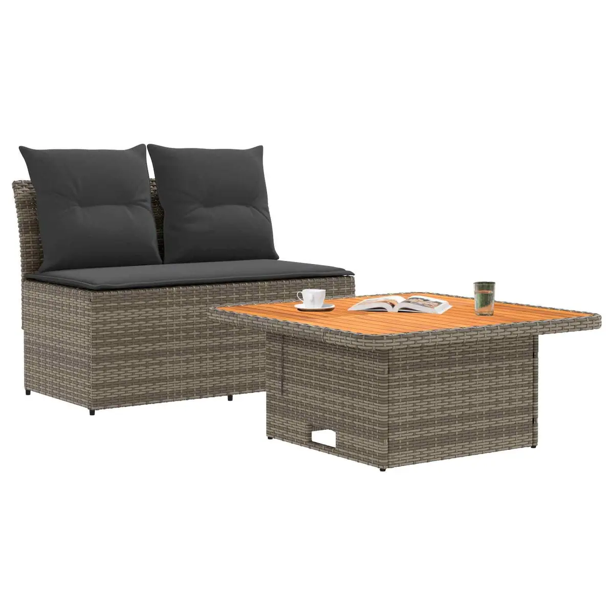 Outdoor Middle Sofa Sectional with Lift-up Table PE Rattan Garden Seating Grey