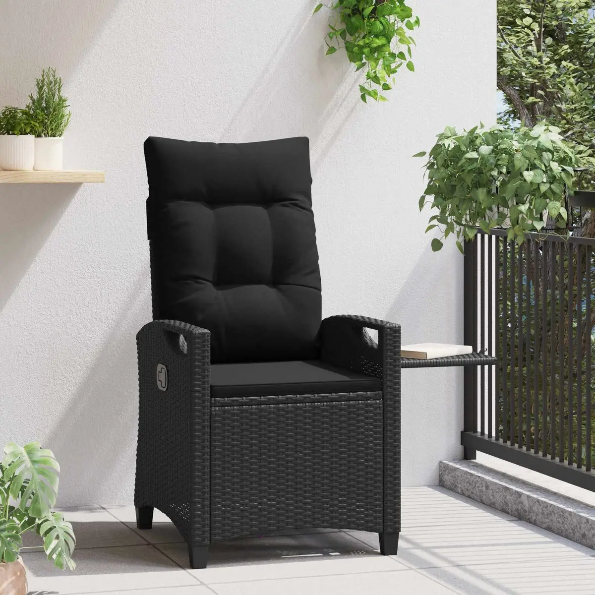 Reclining Garden Chair Poly Rattan Adjustable Backrest with Fold-Out Table Black