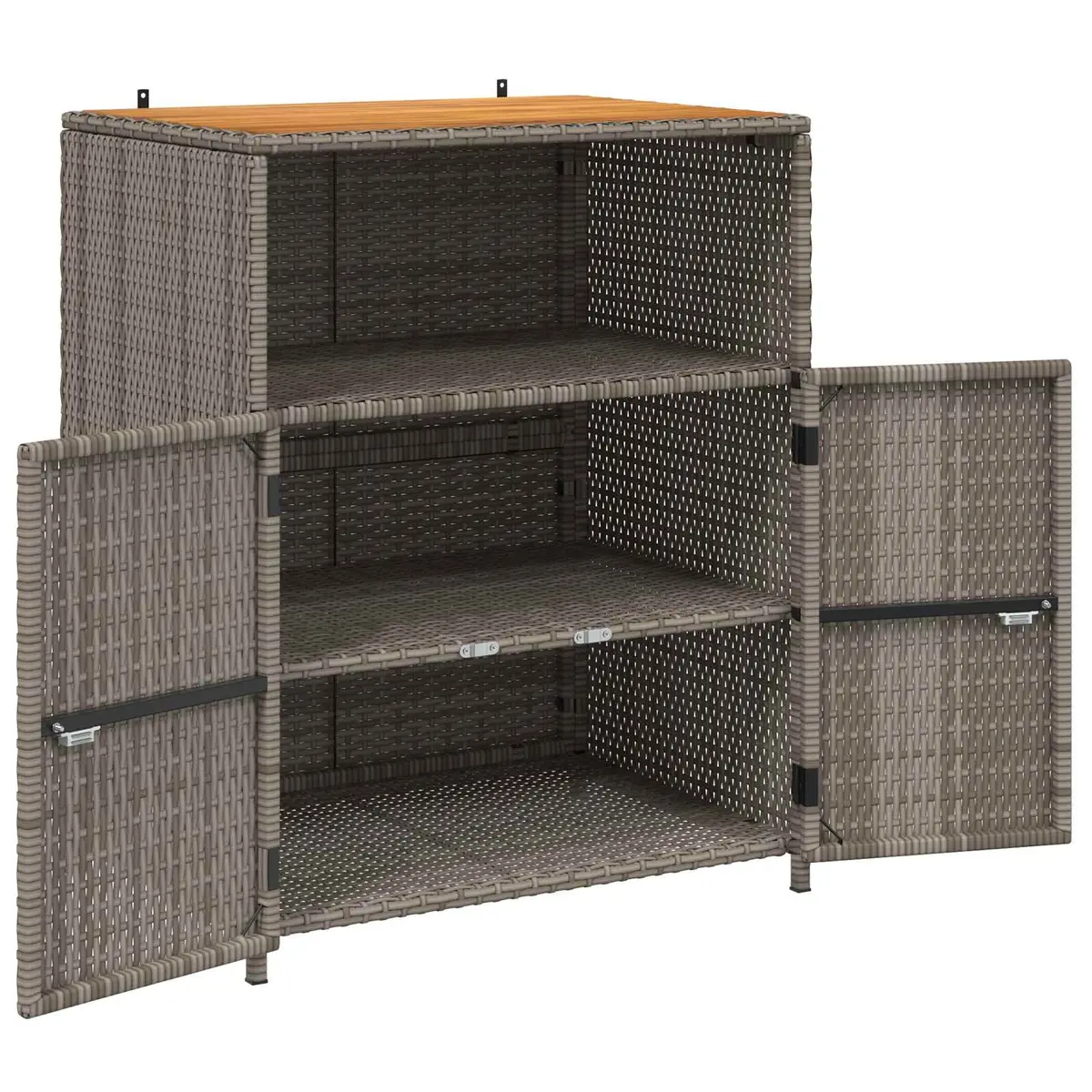 Storage Cabinet Acacia Wood Top Powder-coated Steel Frame Poly Rattan Doors Grey 70x50x87cm