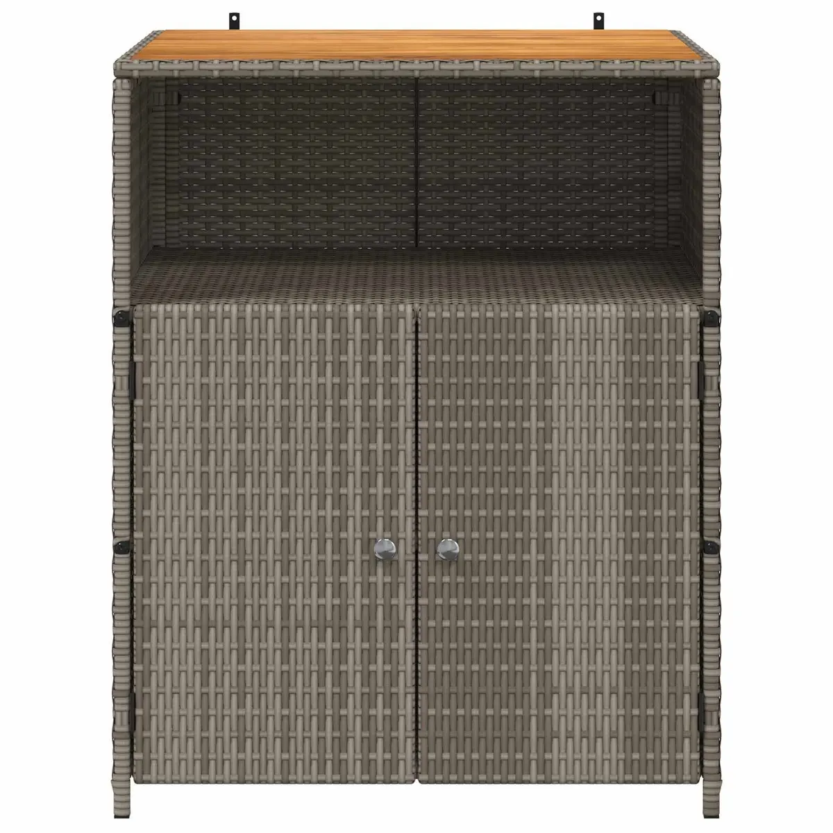 Storage Cabinet Acacia Wood Top Powder-coated Steel Frame Poly Rattan Doors Grey 70x50x87cm
