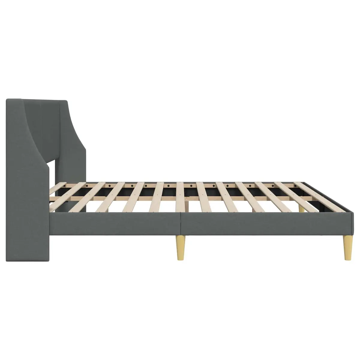 Dark Grey Bed Frame with Fabric Headboard Plywood Base Slatted Support