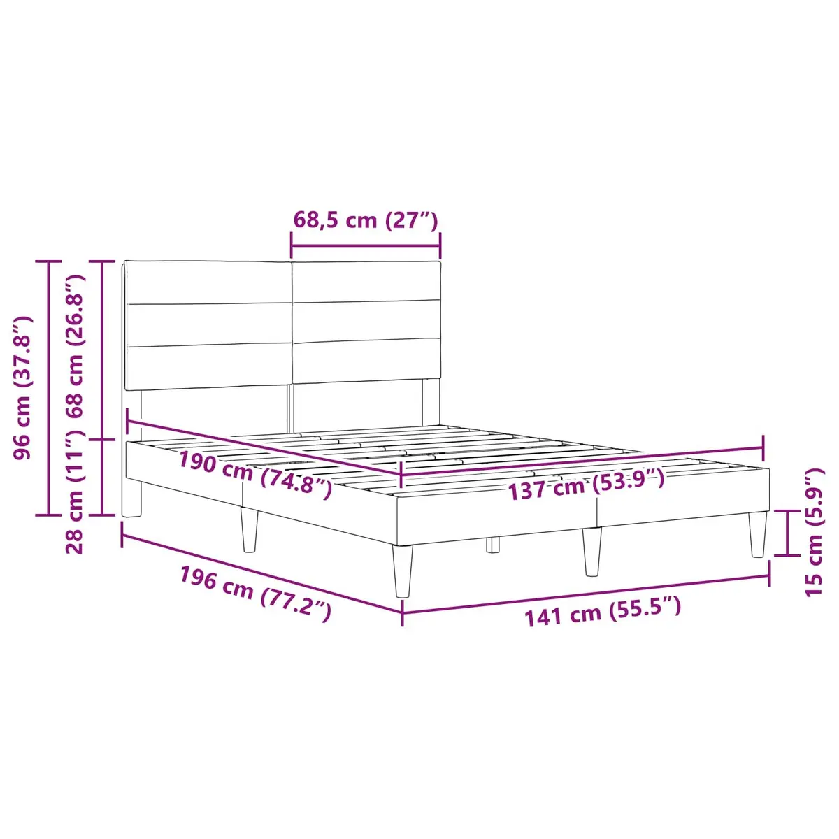 Bed Frame Plywood Construction 137 x 190 cm Dark Grey Fabric Headboard