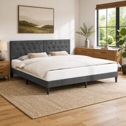 Functional Grey Velvet Bed Frame with Headboard for Modern Homes