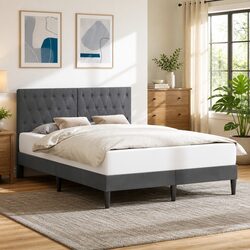 Bed Frame with Velvet Headboard Dark Grey 153 x 203 cm Slatted Support