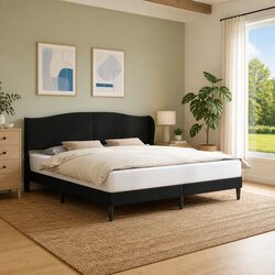Sturdy Black Bed Frame with Faux Leather Headboard