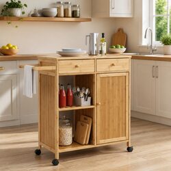 Kitchen Trolley with Wheels Bamboo Natural Storage Organiser Dining Mobile Cart