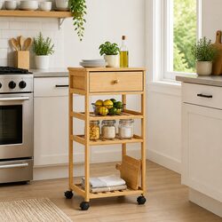 Kitchen Trolley with Wheels Bamboo Storage Cart 3-Tier Shelf Dining Room