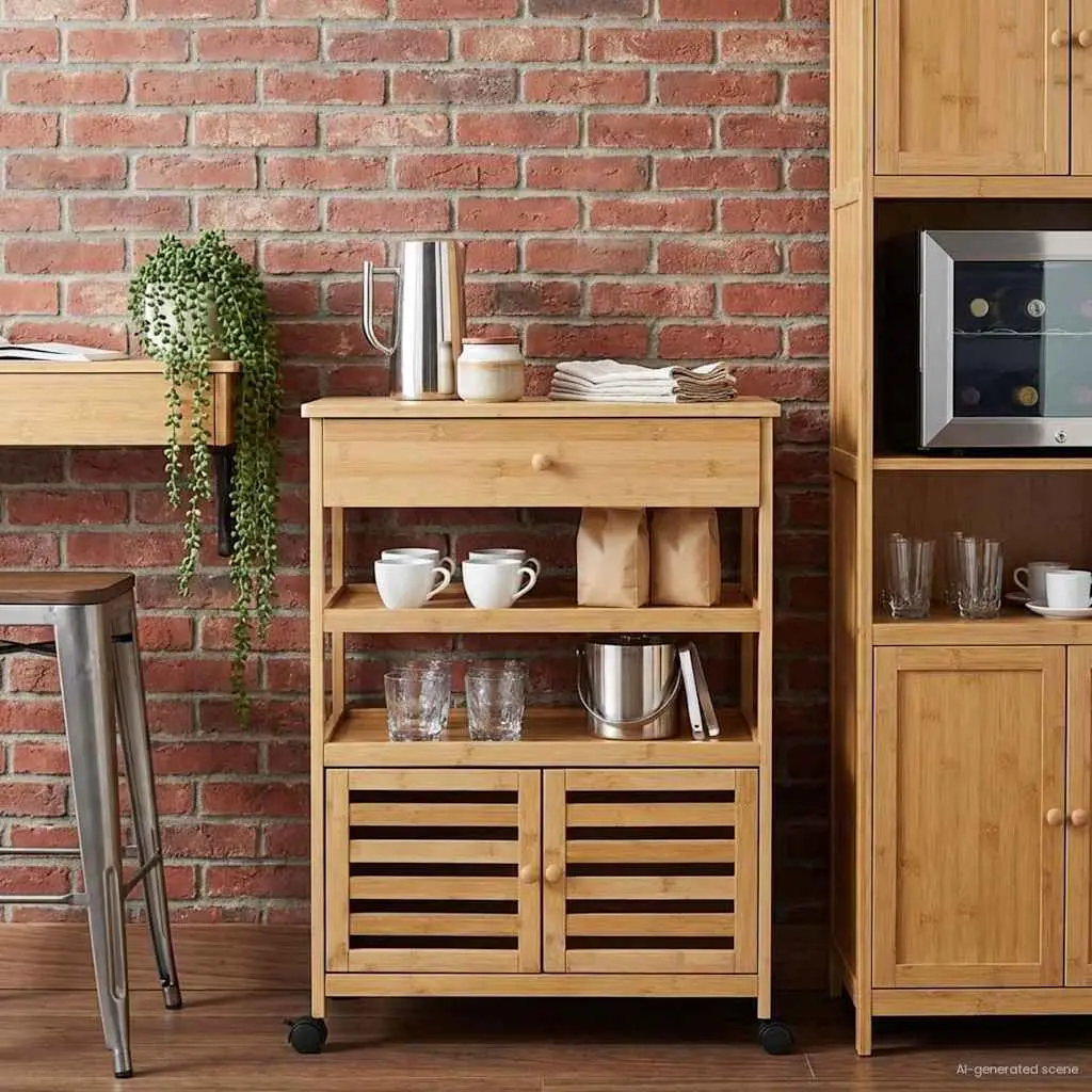 Kitchen Trolley with Wheels Bamboo Storage Cart Dining Room Prep Station