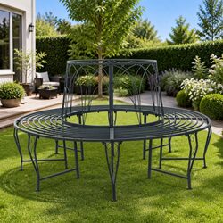Round Tree Bench 8-Seater Garden Outdoor Seating Steel Frame Grey 160cm Diameter