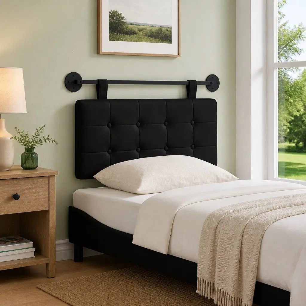 Hanging Headboard Modern Faux Leather Wall-Mounted Black Bedroom Backrest Support