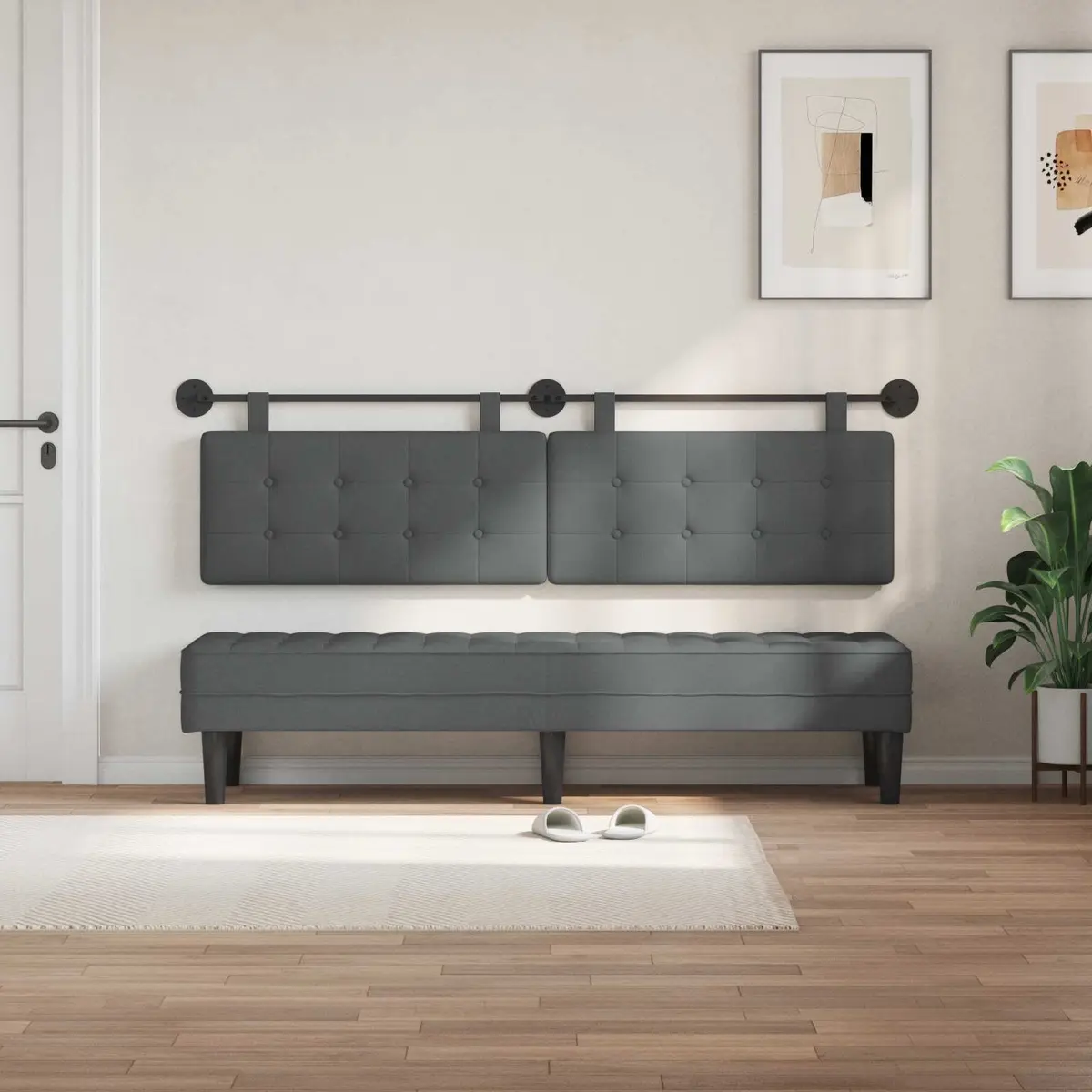 Hanging Headboard Grey Fabric Wall Mount Bedroom Upholstered Modern Decor