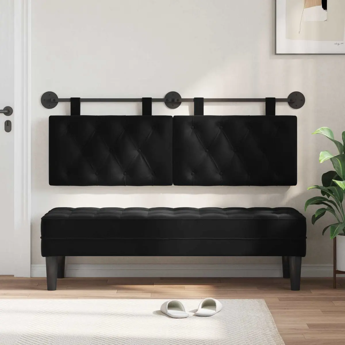 Hanging Headboard Black Velvet Button Tufted Modern Wall Bedroom with LED Light
