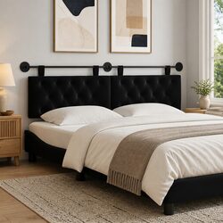 Hanging Headboard with LED Light Modern Black Velvet Button Tufted Wall Mount