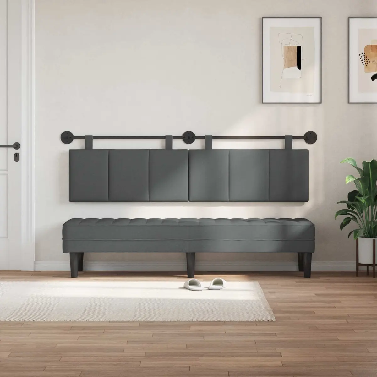 Hanging Headboard Wall Mounted Upholstered Fabric Rectangular Dark Grey Stripes