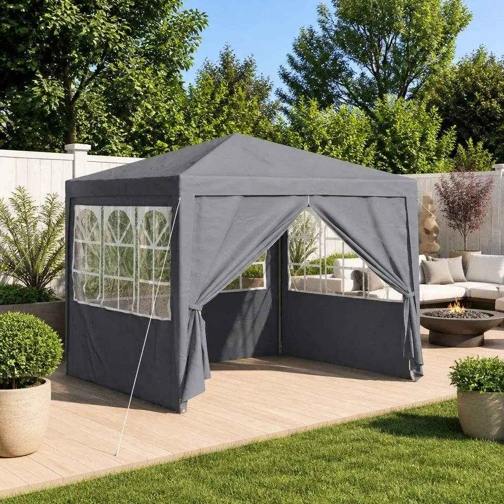 Party Tent Steel Frame 250x250x240cm Grey Outdoor Gazebo Canopy Zipper Door