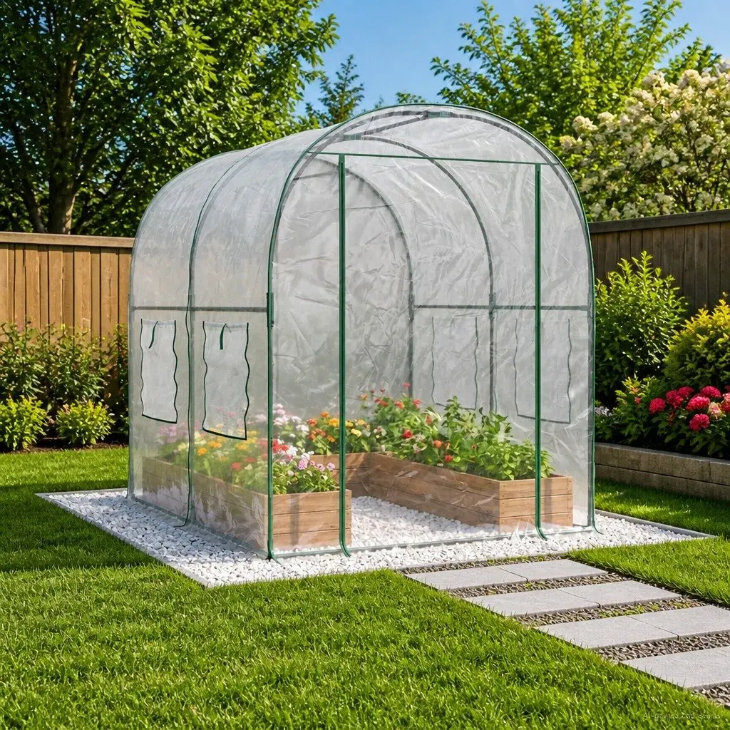 Portable Garden Greenhouse Transparent PVC Cover 160x200x192.5cm with Fly Screen Windows and Zippered Front Door