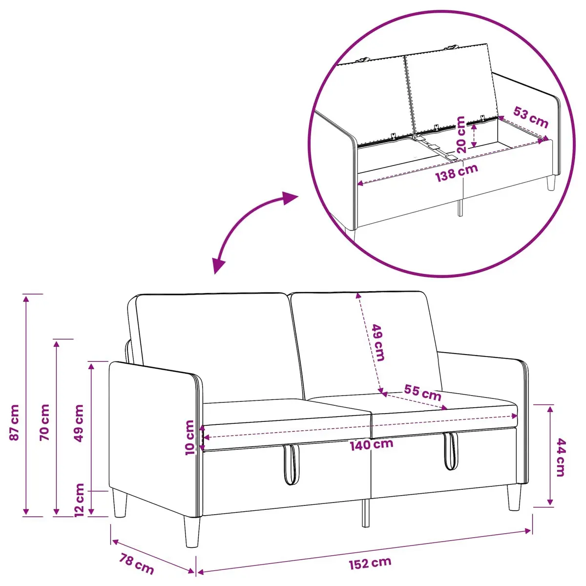 Dark Grey Storage Sofa 152cm Modern Lift-Up Seat Living Room Furniture