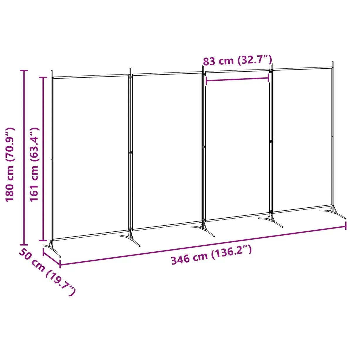 4-Panel Room Divider Fabric Beige Folding Privacy Screen Steel Frame 346x180cm