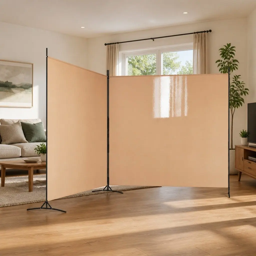 Room Divider 2-Panel Folding Privacy Screen Polyester Fabric Powder-Coated Iron Frame Beige 348 x 180 cm