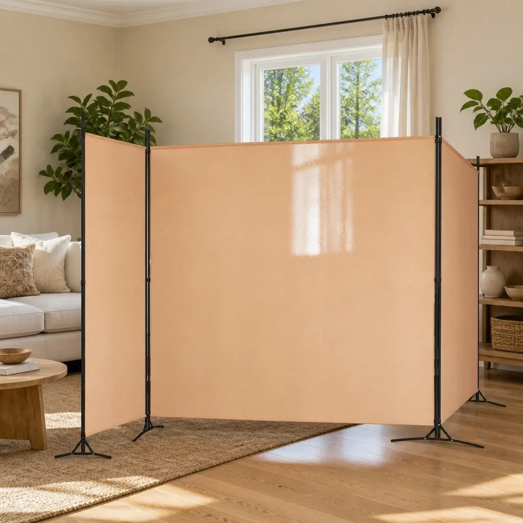 Room Divider Folding Screen 4-Panel Polyester Fabric Beige 525 x 180 cm