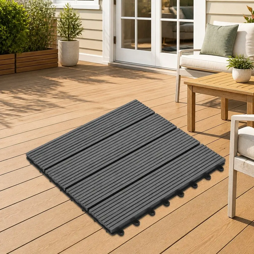 Decking Tile Wood-Plastic Composite 30x30cm Grey 11 Piece Square Interlocking Outdoor Garden Patio Floor