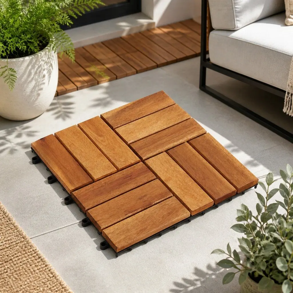Decking Tile Acacia Hardwood 30 x 30 cm Brown Interlocking Square 10 Piece