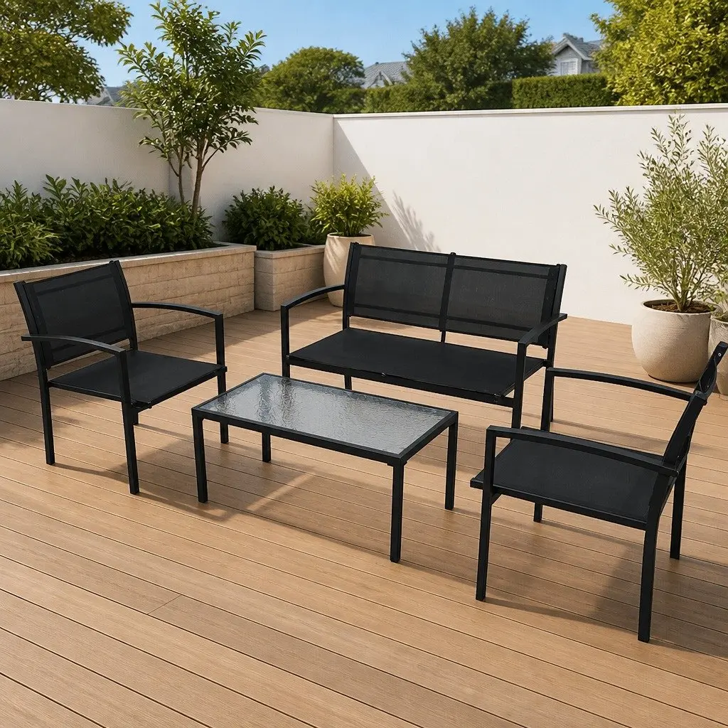 4 Piece Outdoor Garden Lounge Set Powder-coated Steel Frame Black Textilene Chairs Bench Coffee Table