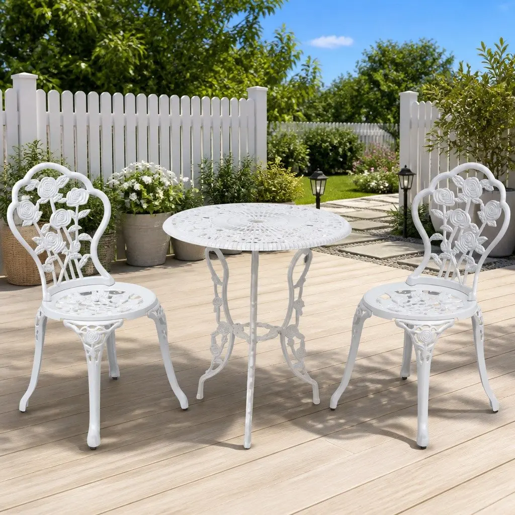 Bistro Set Cast Aluminium Round Table 2 Chairs White