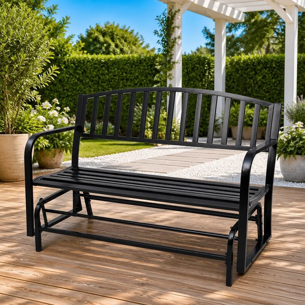 Black Steel Garden Porch Swing Bench Rocking Glider Outdoor Seating for Two