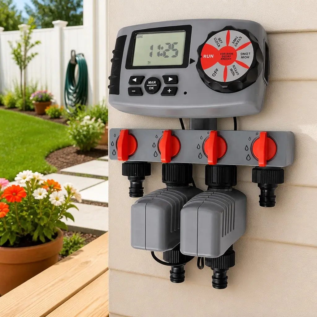 Automatic Irrigation Timer ABS Black 4 Station Garden Watering Control System