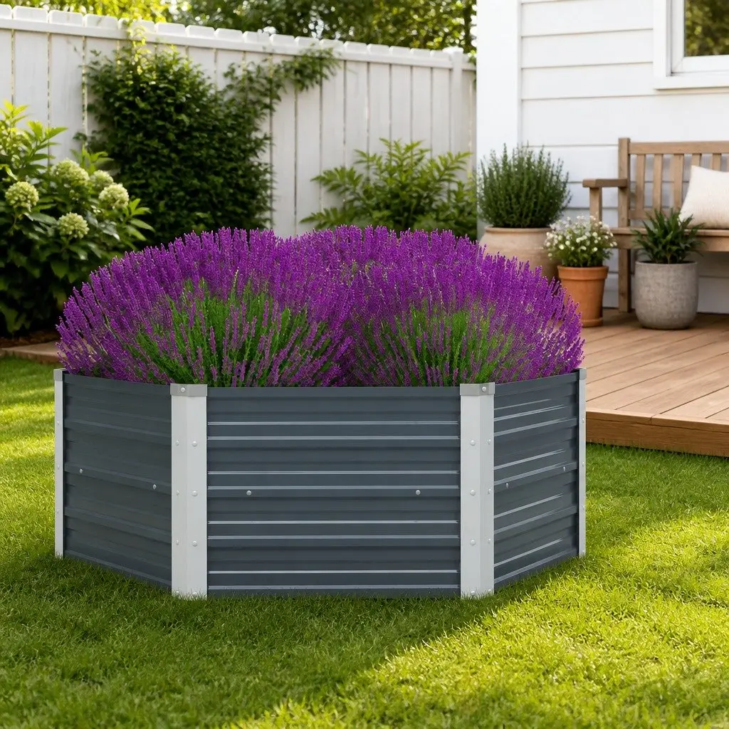 Raised Garden Bed Galvanised Steel Hexagon 129x129x45cm Grey Planter