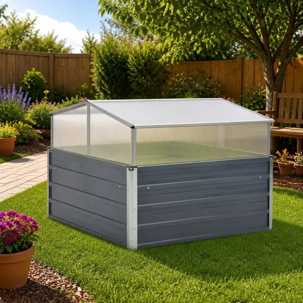 Greenhouse Galvanised Steel 100x100x85cm Grey PC Panel Garden Plant Shelter