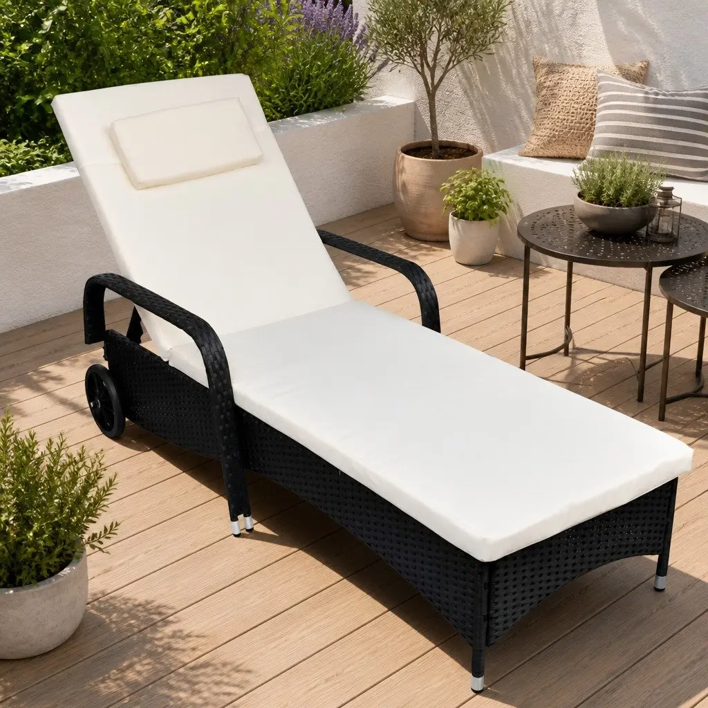 Sun Lounger Rattan Adjustable Backrest Black with Cream Cushion
