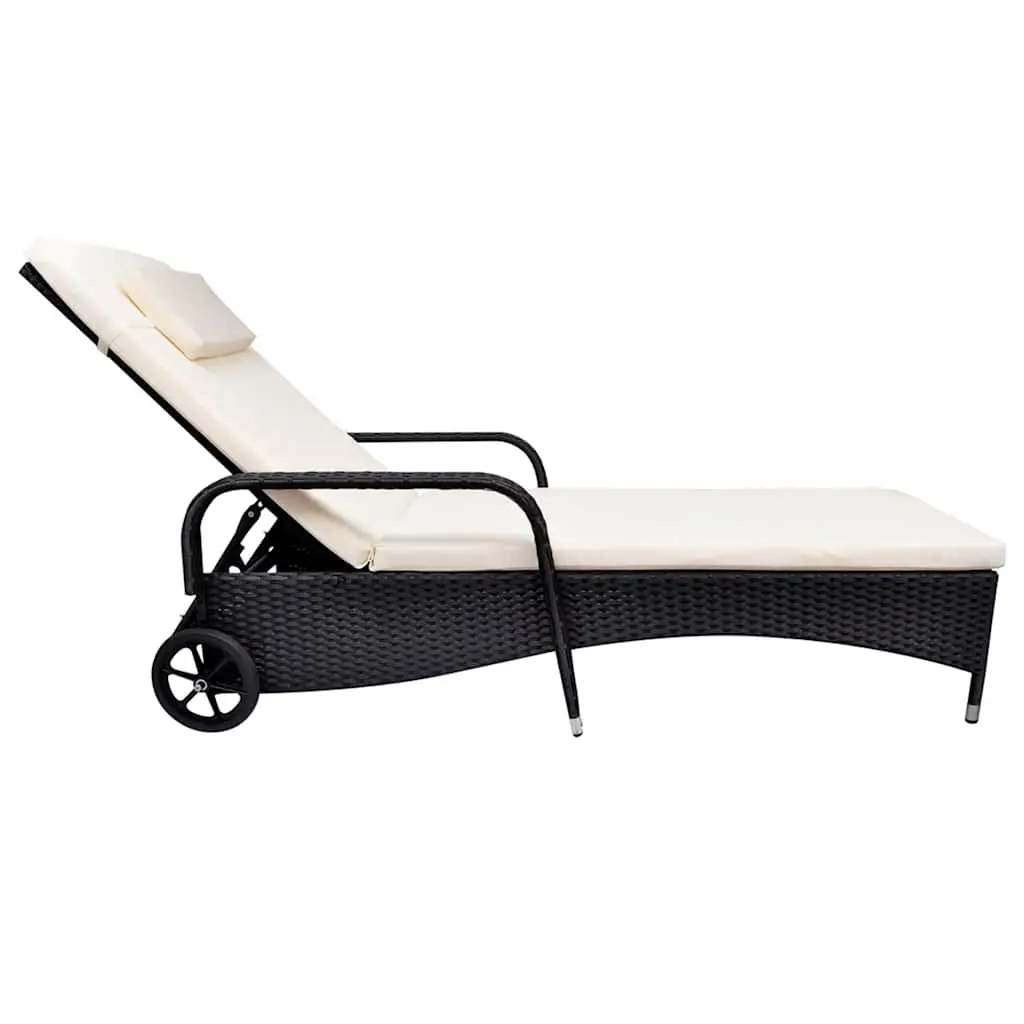 Sun Lounger Rattan Adjustable Backrest Black with Cream Cushion