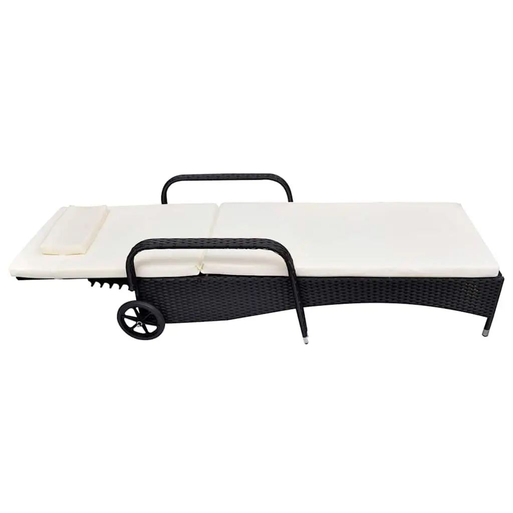 Sun Lounger Rattan Adjustable Backrest Black with Cream Cushion