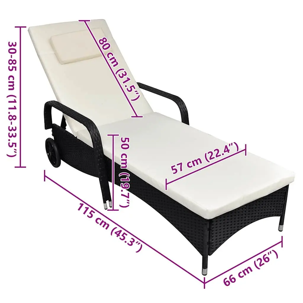 Sun Lounger Rattan Adjustable Backrest Black with Cream Cushion