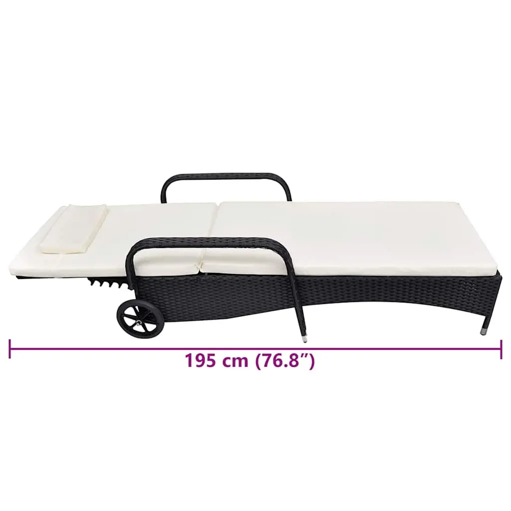 Sun Lounger Rattan Adjustable Backrest Black with Cream Cushion